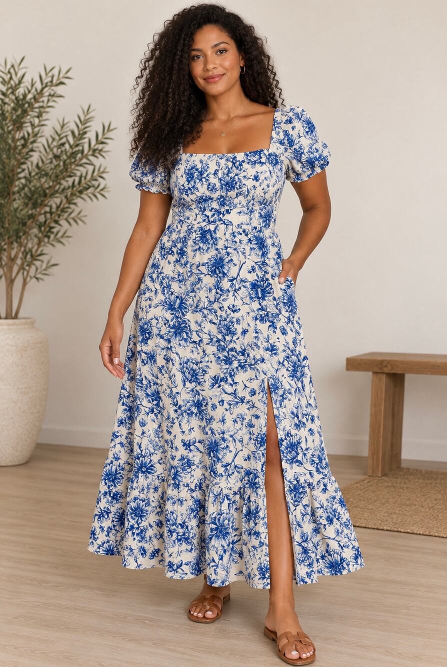 London Times Blue White Floral Linen Blend Maxi Dress Size 12 Puff Sleeve NWT